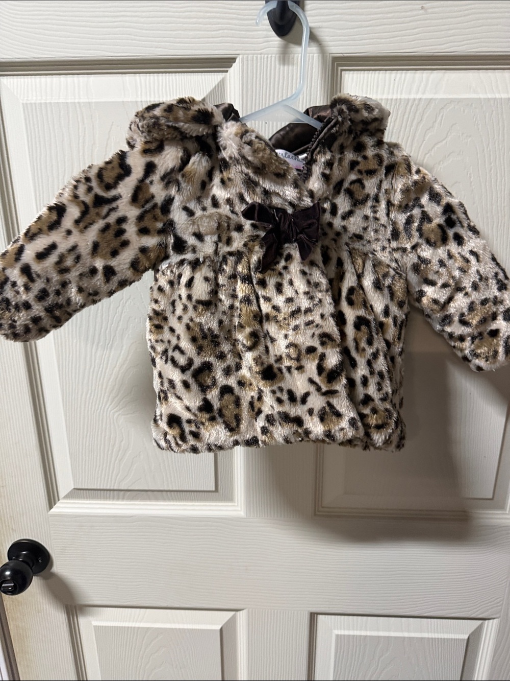 Faux Fur Leopard Print Hooded Kids Jacket with Decorative Bow